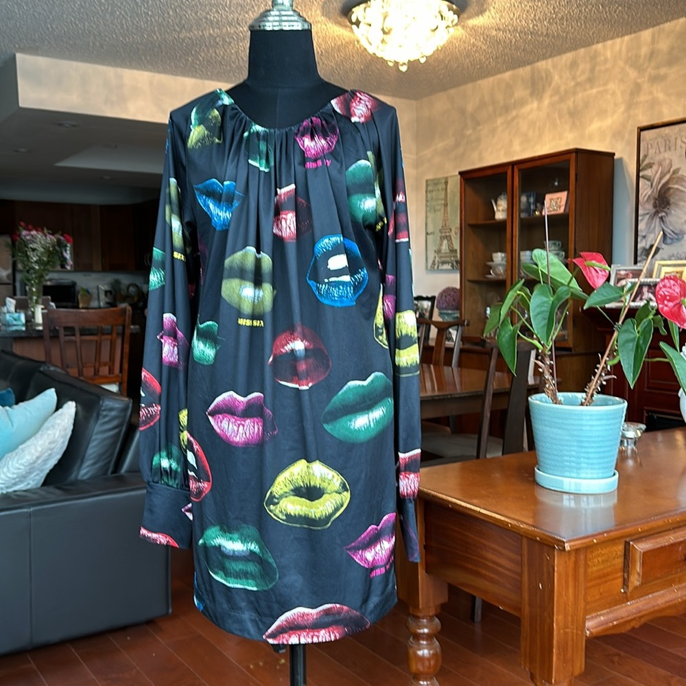 Miss Sixty Retro Lips Print Cocktail Dress Long sleeves Size Small